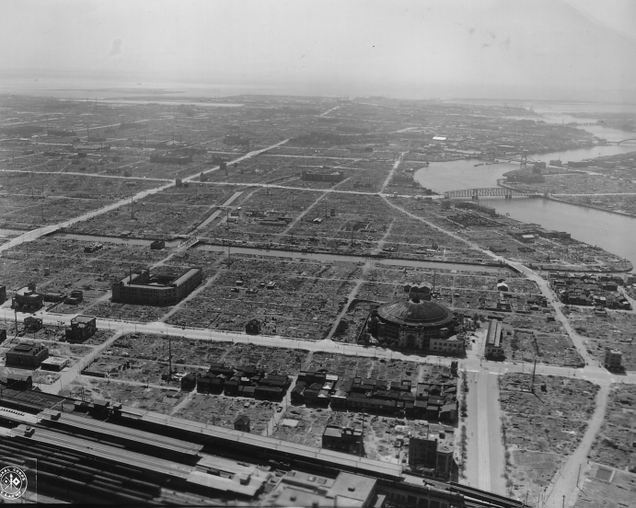 Aerial photograph of Tokyo after the war, showing the extent of the destruction of the city